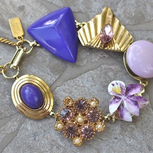 Vintage Earring Bracelet, Bridesmaid Gift, Upcycled, Charm, Rhinestones, Violet, Purple, Plum, Mod, Jennifer Jones, Under 40, OOAK Iris image 5