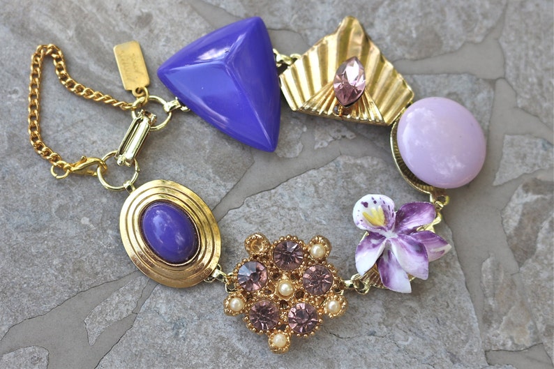 Vintage Earring Bracelet, Bridesmaid Gift, Upcycled, Charm, Rhinestones, Violet, Purple, Plum, Mod, Jennifer Jones, Under 40, OOAK Iris image 5