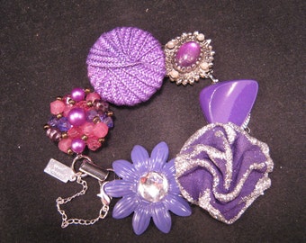 Vintage Earring Bracelet, Bridesmaid Gift, Upcycled, Purple, Grape, Silver, Cluster, Enamel Flower, Jennifer Jones, Under 40 - Ultra Violet