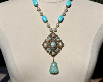 Statement Necklace, Vintage Necklace, Vintage Sarah Coventry, Bridal Necklace, Pearl, Turquoise, Upcycled, OOAK, Jennifer Jones -Her Majesty
