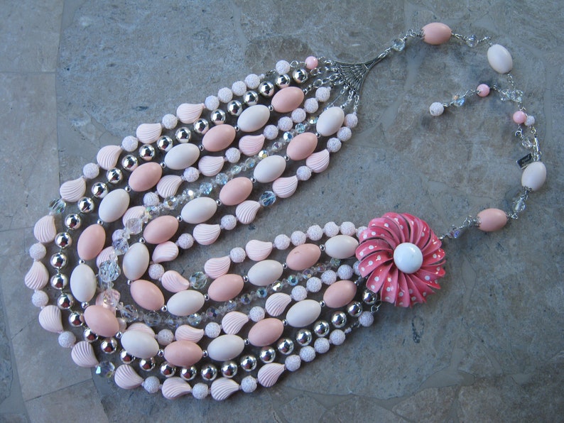 SALE, Statement Necklace, Vintage Necklace, Reclaimed Layered Necklace, Multi Strand Necklace, Enamel Flower, Aurora Borealis Confection image 5