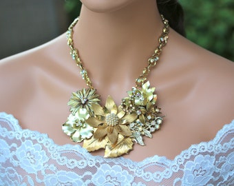 Vintage Enamel Flower Statement Necklace Assemblage, Gold, Pearl, AB Rhinestones, Wedding, Bride, Jennifer Jones, Flower Power Collage