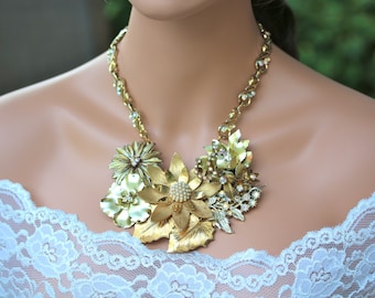 Vintage Enamel Flower Statement Necklace Assemblage, Gold, Pearl, AB Rhinestones, Wedding, Bride, Jennifer Jones, Flower Power Collage