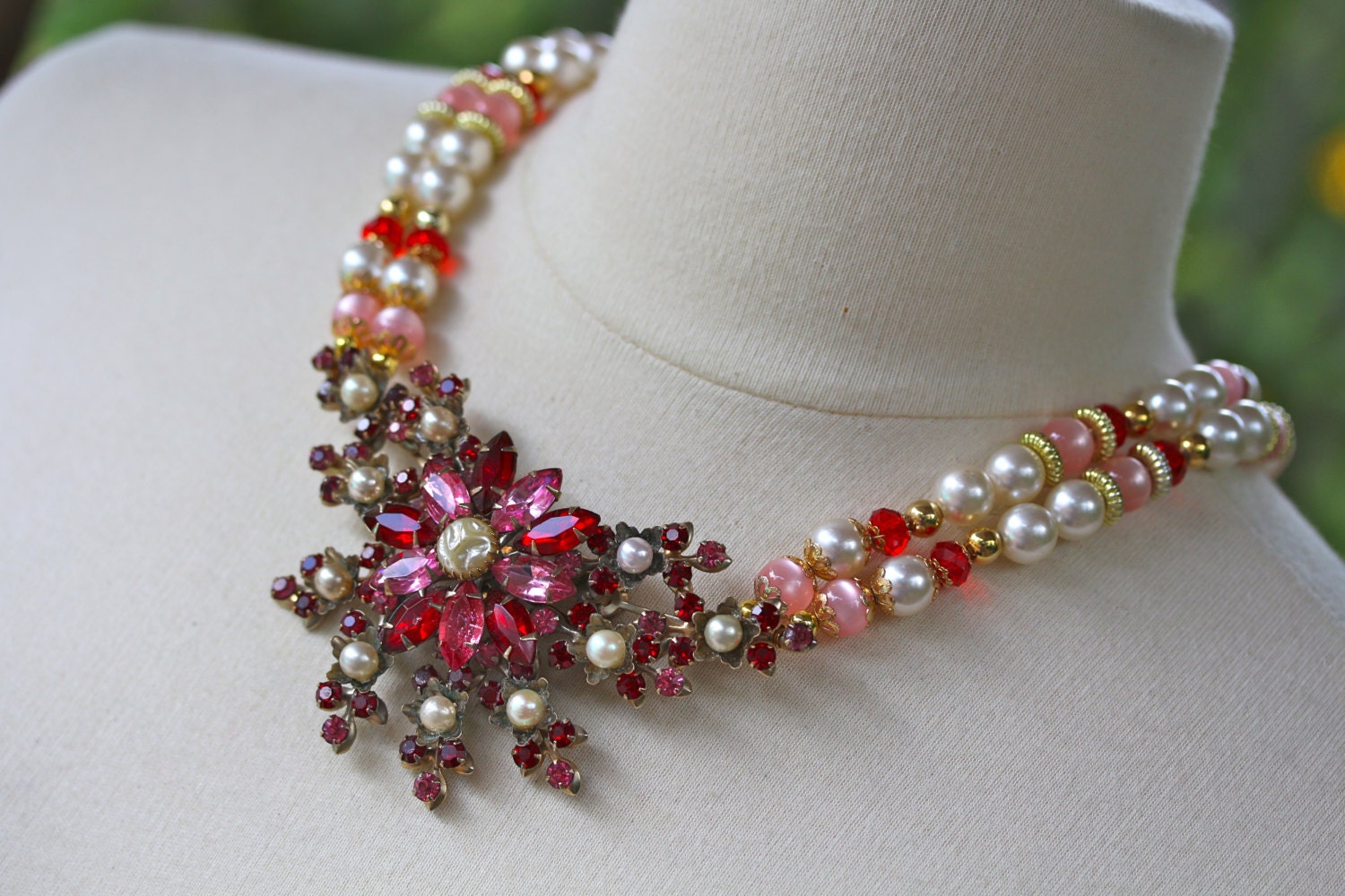 Statement Necklace, Vintage Rhinestone Brooch, Pink, Red, White, Pearl ...