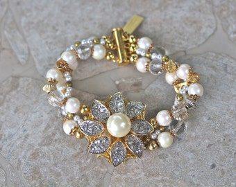 Vintage Pearl Bracelet, Crystal Rhinestone Flower, Wedding, Elegant, Gold, Magnetic clasp, Reclaimed, Jennifer Jones, OOAK- A Thousand Stars