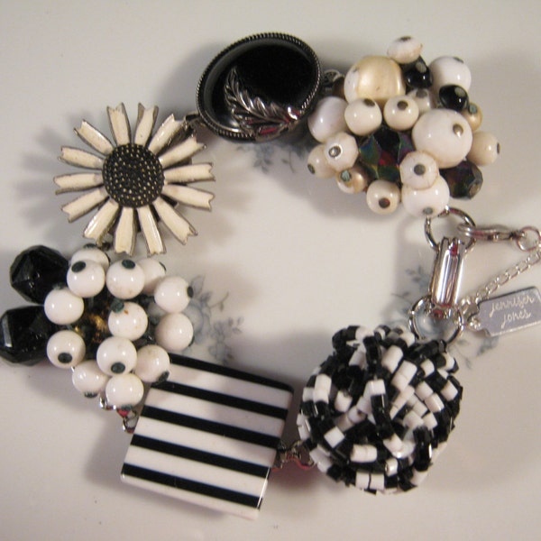 Vintage Earring Bracelet, Bridesmaid Gift, Upcycled, Cluster, Enamel Flower, Glass Button, Black, White, Silver, Gift Set, OOAK - Stripes