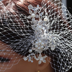 Birdcage Veil and Comb Set, Wedding Veil, Rhinestone Bridal Comb, 2 piece set, White, Russian netting, Pouf, Flower Spray, Jennifer Jones