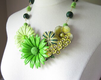 Statement Necklace, Vintage Enamel Flower, Wedding Necklace, Upcycled,  Green, Yellow, Jade, Lemon, Lime, Rhinestone,  OOAK - Green Gardens