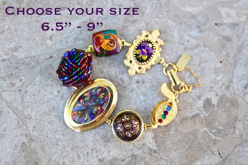 Vintage Bracelet Assemblage petit point Plum Abstract Iris Berry handmade Jennifer Jones OOAK Blackberry Palette Purple Gold