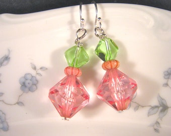 Vintage Earrings, Reclaimed, Upcycled, Pink, Green, Silver, Pierced, Dangle, Glass, Bead, Crystal, Jennifer Jones, OOAK, Under 30, Debutante