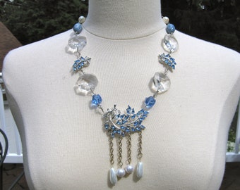 SALE - Vintage Blue Rhinestone Statement Necklace, Wedding, Jennifer Jones, Silver, Crystals, OOAK, Assemblage- Forget Me Not