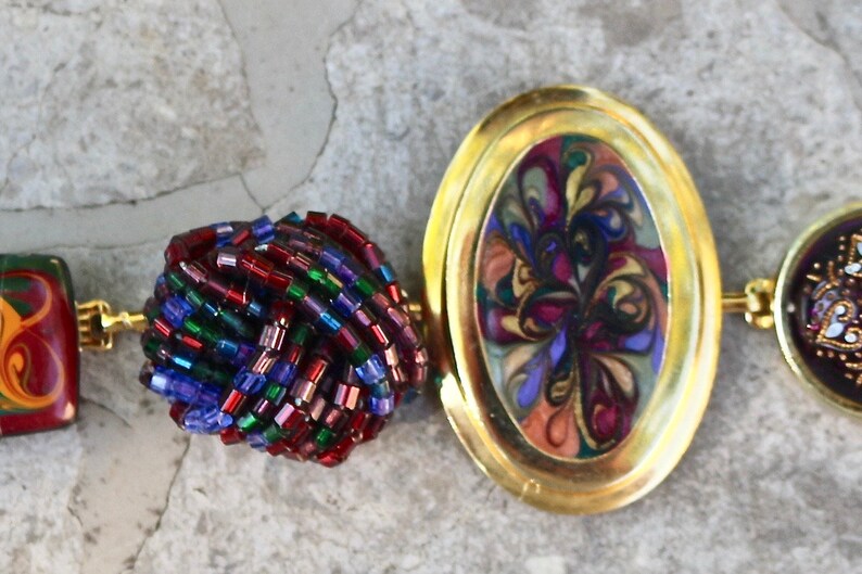 Vintage Bracelet Assemblage petit point Plum Abstract Iris Berry handmade Jennifer Jones OOAK Blackberry Palette Purple Gold