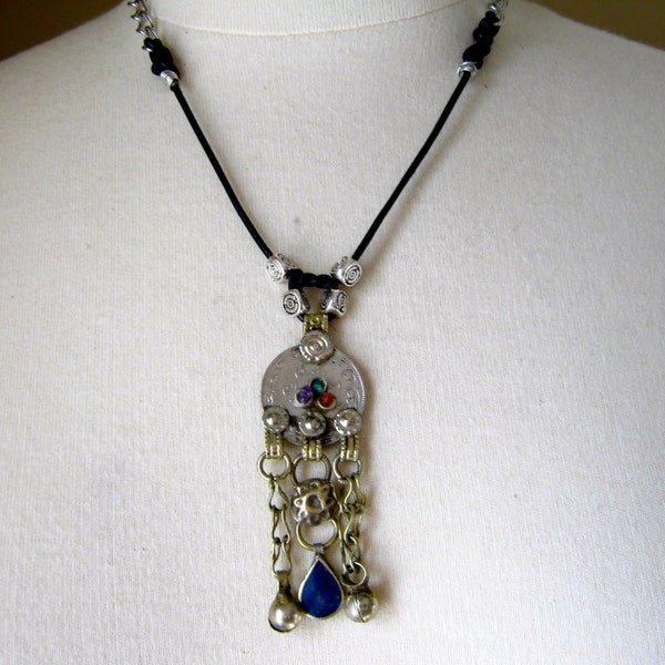 Statement Necklace, Charm Necklace, Silver, Leather, Hand Knotted, Coin, Dangles, Vintage, Lapis, Blue, Jennifer Jones, OOAK - Arabian Night