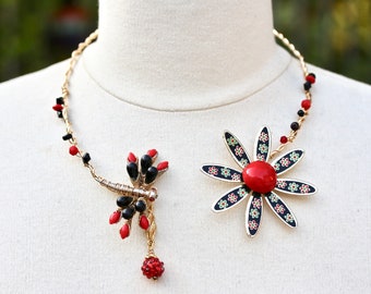 Vintage Necklace Assemblage, Statement, Enamel Flower, Red, Black, Gold, Twisted, Collar, Recycled, 1960s, Jennifer Jones, OOAK - Dragonfly
