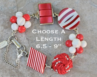 Vintage Earring Bracelet, Red, White, Stripe, Silver, Size Options, Cluster, Bridesmaid, gift for her, Jennifer Jones OOAK - Firecracker