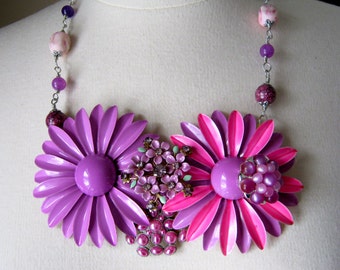 Statement Necklace, Vintage Enamel Flowers, Upcycled, Repurposed Vintage Brooch, Jennifer Jones, Upcycled, Purple, Pink  OOAK - Twin Set