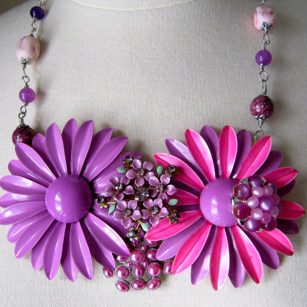 Statement Necklace, Vintage Enamel Flowers, Upcycled, Repurposed Vintage Brooch, Jennifer Jones, Upcycled, Purple, Pink  OOAK - Twin Set