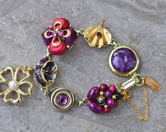 Vintage Earring Bracelet, Bridesmaid Gift, Purple, Berry, Jewel, Boho, Reclaimed, Gold Dangle Flower, Jennifer Jones,  OOAK - Royal Amethyst