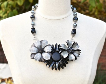 Vintage Enamel Flower Statement Necklace, Upcycled Brooch, Black Grey Charcoal Jet Onyx Silver, Collage Assemblage, Jennifer Jones, OOAK