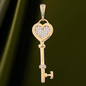 Heart Key Pendant, Minimalist 14k Solid Gold Love Charm Necklace, Romantic Skeleton Key Jewelry with CZ, Dainty Gift for Her Anniversary