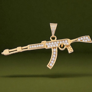 Pingente de rifle de diamante: colar com pingente de hip hop em ouro 14K