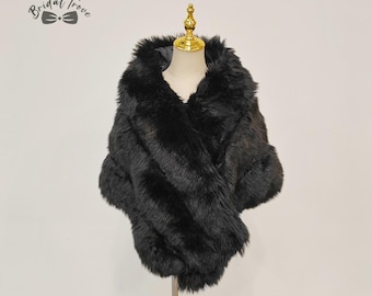 Black Faux Fur Fabric, Luxury Faux Fur Wrap, Warm Cape for Dress, Winter Shawl for Wedding Dress, Winter Shawl for Bridesmaid.