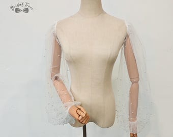 Elegant Pearl Bridal Sleeves, Long Illusion Tulle Detachable Sleeves, Princess Puff Sleeves for Wedding Gown.