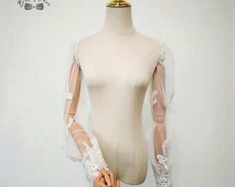 Ivory Tulle Wedding Sleeves: Lace Flower Beads, Detachable Bridal Sleeves