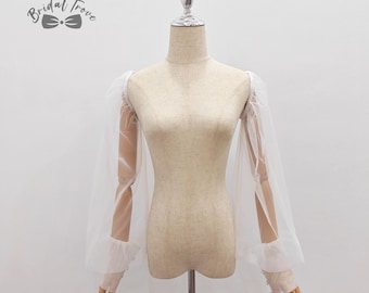 Mangas de tule marfim, mangas para vestido de noiva, mangas removíveis, mangas confortáveis, mangas de noiva com botões, mangas de casamento personalizadas.