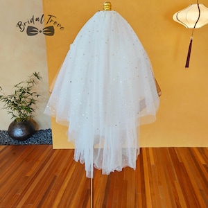 Puede incluir: Un velo de novia blanco con detalles de purpurina dorada y plateada. El velo está hecho de una tela transparente y en capas y se muestra en un maniquí. El texto "Bridal Trove" es visible en la esquina superior izquierda.