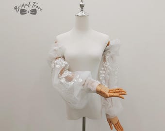 Glitter Tulle Wedding Sleeves, Bridal Drop Shoulder Sleeves