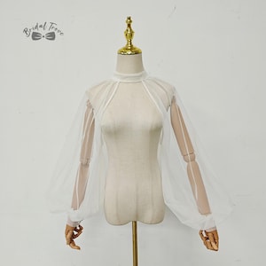 Ivory Tulle Bridal Sleeves: Halter Button Puff, Removable Pop Sleeves