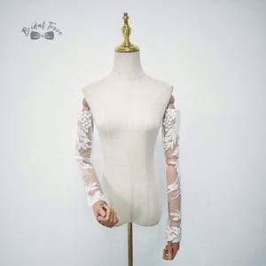 Sparkling Lace Sequin Leaf Embroidery Sleeves, Removable Tight Shoulder Sleeves, Ivory Lace Appliqué Wedding Sleeves, Long Bridal Sleeve