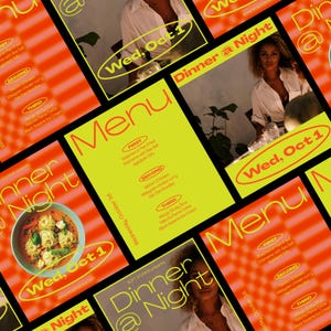 Puede incluir: Un collage de tarjetas de menú de restaurante en naranja brillante y amarillo. Los menús muestran el texto "Dinner @ Night" y "Wed, Oct 1". Los platos incluyen curry de pollo malayo.