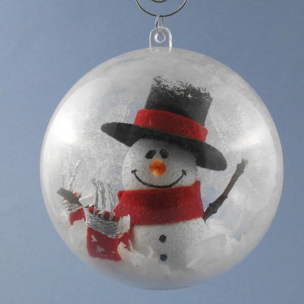 Ornament: Textured Wooden Snowman in Frosted Globe with Tophat and Red Scarf