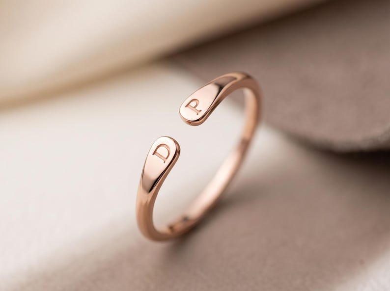 14K Gold Two Initial Ring, Personalized Open Cuff Letter Ring for Women ...