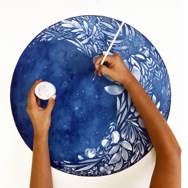 Stampa celestiale con luna crescente / Stampa artistica con decorazione blu per camera da letto / Luna blu con stelle / Arte murale ad acquerello di CreativeIngrid