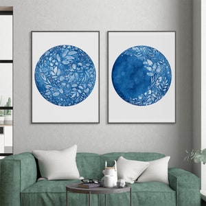 Set of 2 Prints Moon Phases Art Print Full Moon and Waxing Moon Flower Moon Watercolor Blue Decor for Bedroom CreativeIngrid