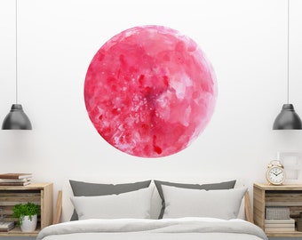 Pink Flower Moon | Removable Wall Sticker, Bedroom Wall Art Ideas, Hot Pink Botanical Circle, Cosmic Pink Wall Sticker by CreativeIngrid