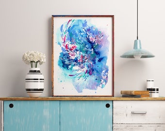 Floral Wave, Blue Art Print | Large Abstract Ocean Inspired Watercolor Painting, Turquoise Blue Pink Flowers Wall Decor Gift CreativeIngrid