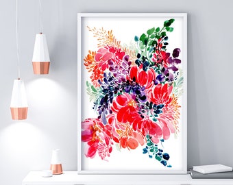 Floral bold | Large Floral Art Watercolor Flower Poster Peony Abstract Composition Intense Red and Pink Wall Art Modern Decor CreativeIngrid