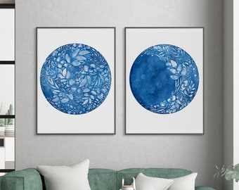 Set of 2 Prints Moon Phases Art Print Full Moon and Waxing Moon Flower Moon Watercolor Blue Decor for Bedroom CreativeIngrid