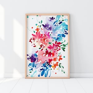 Aware, Floral Print Hot Pink Abstract Flowers Blue Purple Watercolor Painting for Living Room Print Contemporary Modern Art CreativeIngrid image 1