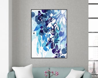 Soulmate, Blue Art for Wall | Large Abstract Blue Botanical Print. Blue Home Decor. Purple Leaves Watercolor Wall Art by CreativeIngrid.