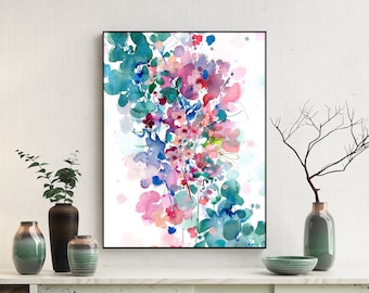 In Between |  Botanical Watercolor Art by CreativeIngrid. Green Home Decor Wall Art. Gift for Her. Abstract Pink Flowers and Leaves Artwork.