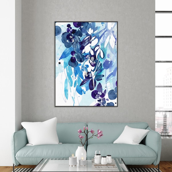 Soulmate, Blue Art for Wall | Large Abstract Blue Botanical Print. Blue Home Decor. Purple Leaves Watercolor Wall Art by CreativeIngrid.