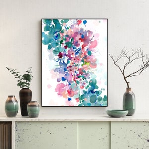 In Between |  Botanical Watercolor Art by CreativeIngrid. Green Home Decor Wall Art. Gift for Her. Abstract Pink Flowers and Leaves Artwork.