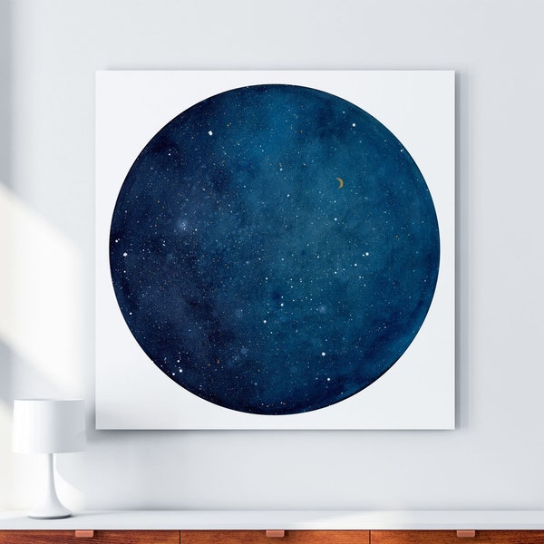 Blau Galaxie Mond Kunstdruck | Blaue Wand Kunst Celestial Night Sky Constellation Wand Dekor Lunar Indigo Mond Aquarell Print von CreativeIngrid