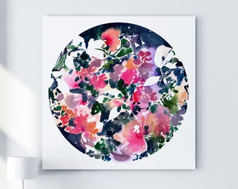 Blooming Sky - October Moon Art Print | Botanical Circle Flower Moon Indigo and Pink Florals | Celestial Watercolor Print by CreativeIngrid