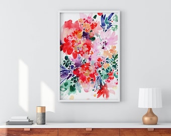 Between Dreams, Watercolor Floral Print Wall Art |  Large Modern Floral Painting by CreativeIngrid, Red Abstract Art for Living Room